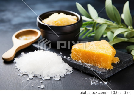 sea salt scrub and natural sponge presented on a slate tile sea salt scrub and natural sponge presented on a slate tile 108321354