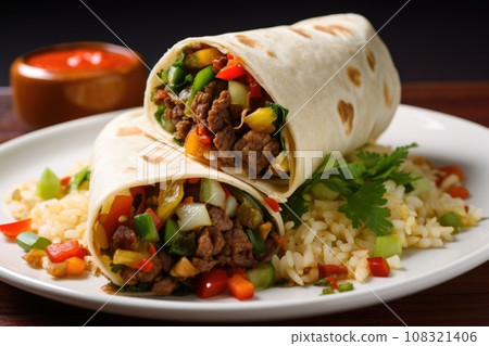 mexican burrito filled with asian stir-fry 108321406