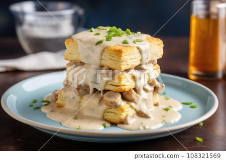 southern-style american biscuits with sausage gravy 108321569