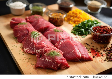 seasoning raw meats for an argentinian asado mixed grill 108321839