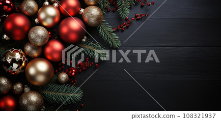 dark background with a New Year's composition of balls, beads and spruce with space for text or congratulations dark background with a New Year's composition of balls, beads and spruce with space for text or congratulations 108321937