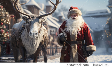 Santa Claus with Christmas gifts and his reindeer on a fabulous New Year's Eve 108321940