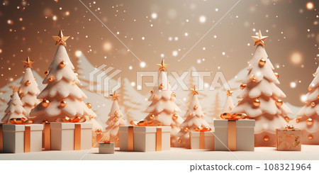 light Christmas banner with decorated Christmas tree and gifts. Creative Happy New Year banner card, layout light Christmas banner with decorated Christmas tree and gifts. Creative Happy New Year banner card, layout 108321964
