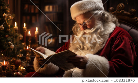Santa Claus reads letters and prepares gifts, magical Christmas night 108321970
