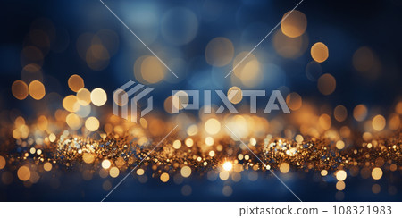 Festive magic gold flying glitter on Dark Blue Background with sparkles and New Year's bokeh for cards or wallpapers Festive magic gold flying glitter on Dark Blue Background with sparkles and New Year's bokeh for cards or wallpapers 108321983