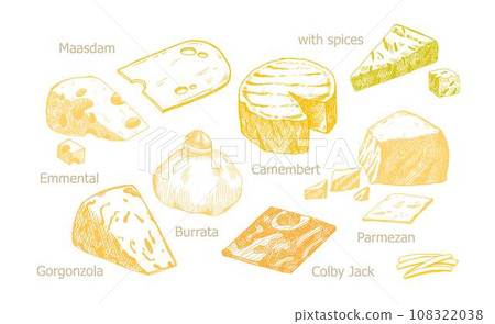 Watercolor different hard kinds cheeses, milk dairy product. Delicious food hand-drawn illustration isolated on white background. Perfect for menu, recipe, label, packaging design Watercolor different hard kinds cheeses, milk dairy product. Delicious food hand-drawn illustration isolated on white background. Perfect for menu, recipe, label, packaging design 108322038