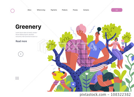 Greenery, ecology -modern flat vector concept illustration of people on a tree, surrounded by plants. Metaphor of environmental sustainability and protection, closeness to nature Greenery, ecology -modern flat vector concept illustration of people on a tree, surrounded by plants. Metaphor of environmental sustainability and protection, closeness to nature 108322382