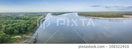 aerial panorama of Mississippi River and entrance to the Chain of Rocks Bypass Canal above St Louis 108322910