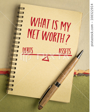 What is my net worth? Handwriting and sketch in a spiral notebook. Debts, assets and financial concept. What is my net worth? Handwriting and sketch in a spiral notebook. Debts, assets and financial concept. 108322914