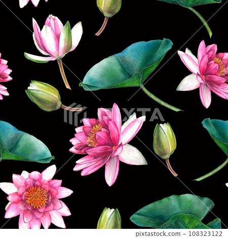 Watercolor seamless pattern with water lilies. Hand drawn illustrations of pink flowers and green leaves on black isolated background. Design for cards, invites, wrapping paper, textile 108323122