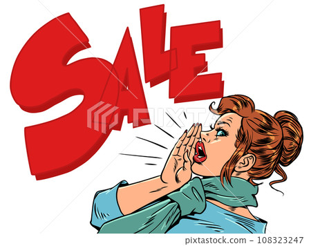 Store promotions for their customers. Advertising discounts and special offers. The girl warns the visitor and says SALE Store promotions for their customers. Advertising discounts and special offers. The girl warns the visitor and says SALE 108323247