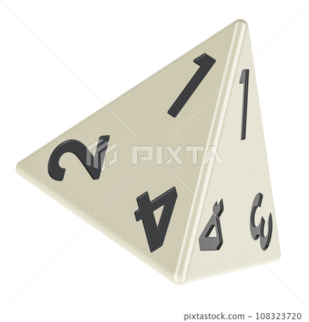 White 4 sided die, tetrahedron dice. 3D rendering 108323720