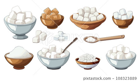 Sugar cubes and sand pile in bowls and spoon. Cartoon sweet elements, salt and stevia. Sweetener elements for drink and food vector clipart 108323889