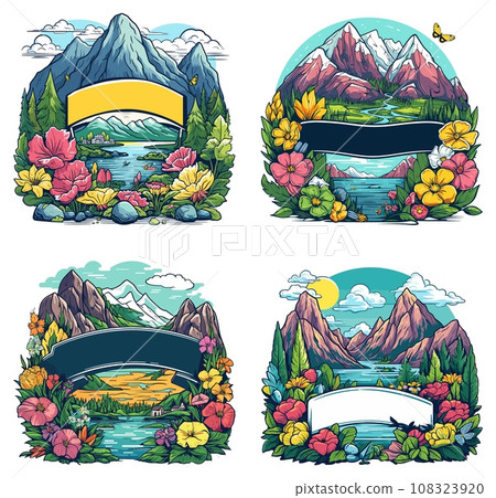 Mountain resort banners in vintage style. Labels templates with colorful flowers high mountains and picturesque valleys vector illustration 108323920