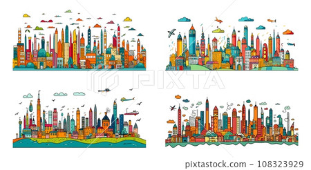 Futuristic cityscape in childs drawing style. Multicolored fictional city with skyscrapers and impossible planes, naive kids sketch 108323929