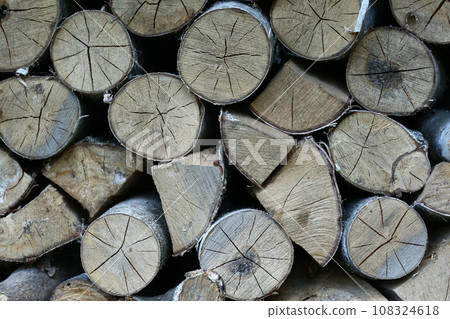 firewood storage closeup photo on summer day 108324618