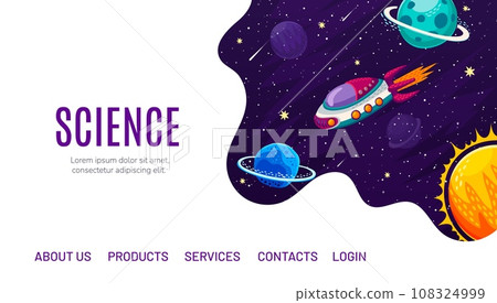 Galaxy space landing page with cartoon flying starship at solar system, vector website or web page template. Space shuttle or spaceship rocket in galaxy spaceflight to planets for website landing page 108324999