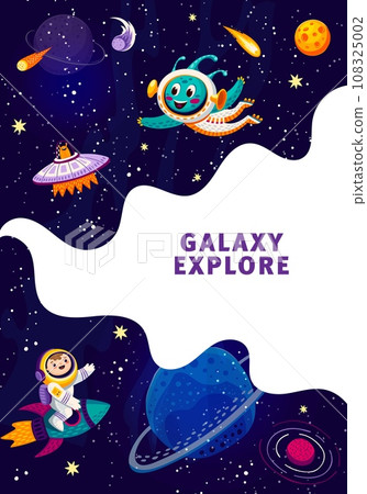 Space poster, landing page or flyer with galaxy planets and stars, kid astronaut and alien UFO, vector website template background. Outer space or cartoon galaxy and kid spaceman on spaceship rocket 108325002