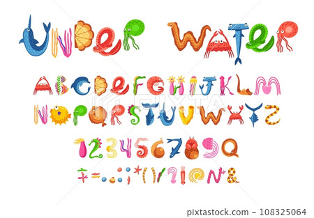 Sea animals font, ocean underwater type or aquatic typeface with marine alphabet, vector cartoon letters. Funny fish, octopus and dolphin or starfish and whale in kids undersea font or aquatic type Sea animals font, ocean underwater type or aquatic typeface with marine alphabet, vector cartoon letters. Funny fish, octopus and dolphin or starfish and whale in kids undersea font or aquatic type 108325064