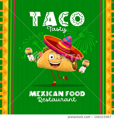 Cartoon cheerful mexican tacos mariachi character with maracas. Vector restaurant ads banner with tex mex food personage dance and bringing joy and cultural flair to traditional event celebration 108325067