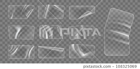 Transparent rectangle plastic stickers, adhesive overlay patches and wrinkled clear labels. Vector 3d crumpled sticky strips and glued stickers set. Realistic rectangular patches with glossy surface 108325069
