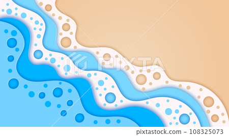 Surf sea waves paper cut background. Vector summer sand beach with ocean water waves of blue and white 3d papercut wavy surfline, foam and bubbles origami layers. Summer vacation or holidays banner 108325073