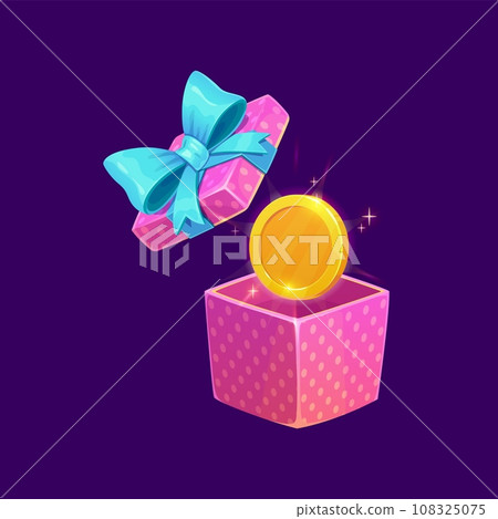 Game gift box and coin. Cartoon bonus, present and reward prize icon, vector ui element. Open pink box with blue ribbon bow, flying out gold money coin with magic golden shine, casino or lottery draw 108325075