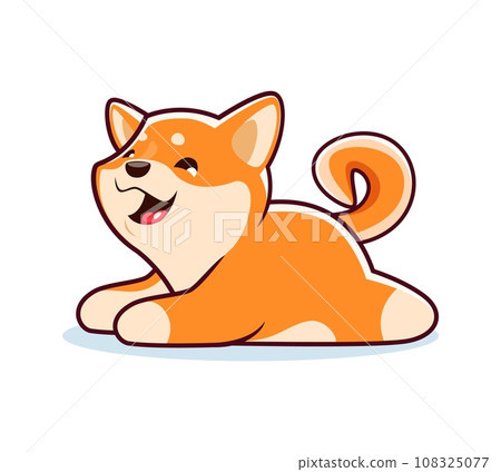 Cartoon happy Shiba Inu dog character or cute kawaii pet, vector personage animal. Cute puppy dog Shiba Inu icon, emoji emoticon or kid mascot, funny baby dog or cheerful puppy pet liying and woofing 108325077