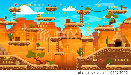 Arcade game level map with Wild West or Western game platforms, canyons, rocks and mountains, vector assets. Cartoon, landscape background with coin rewards and star bonus to jump and jump collect 108325092