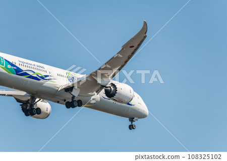 [ANA aircraft green jet ready to land from the sky above Jonanjima Seaside Park] 108325102