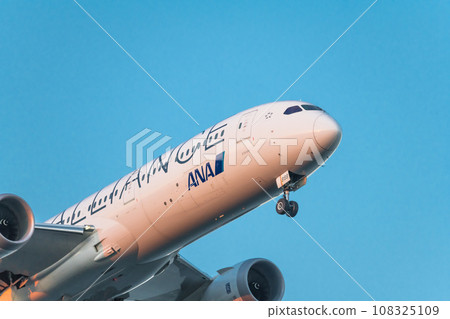 [ANA aircraft Star Alliance in preparation for landing from the sky above Jonanjima Seaside Park at sunset] 108325109