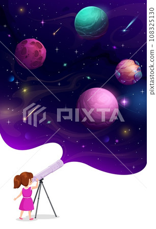 Girl kid looking through telescope in space at galaxy planets in starry sky, vector poster. Astronomy and planetary education or school poster with outer space planets, asteroids and meteorites in sky 108325130