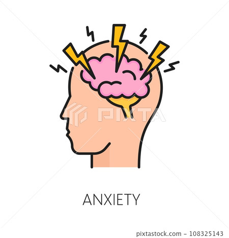 Anxiety psychological disorder problem, mental health icon. Isolated vector linear head with brain attacked with lightnings. Person feeling overwhelmed. Distress, frustration psychological challenges Anxiety psychological disorder problem, mental health icon. Isolated vector linear head with brain attacked with lightnings. Person feeling overwhelmed. Distress, frustration psychological challenges 108325143