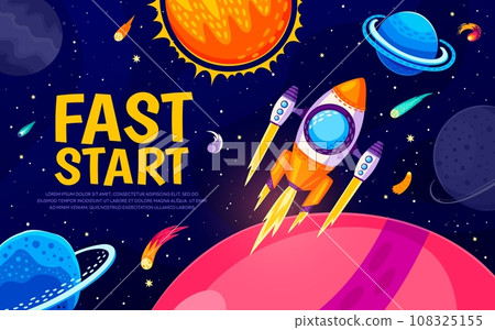 Business fast start, rocket launch and cartoon galaxy space landscape, vector background. Spaceship startup to space planets in starry sky for business project launch or corporate campaign website Business fast start, rocket launch and cartoon galaxy space landscape, vector background. Spaceship startup to space planets in starry sky for business project launch or corporate campaign website 108325155