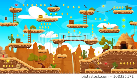 Wild west arcade game level map with platforms, rocks and mountains. Cartoon vector 2d desert landscape, ui background for computer or mobile. Canyon with cacti, assets, jumping islands or bonus items 108325171