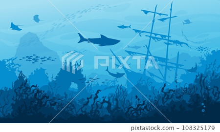Sunken sail ship, sharks and fish shoals on underwater landscape silhouette. Sea water waves and ocean coral reef bottom vector background with marine animals, seaweeds and old sailing boat 108325179