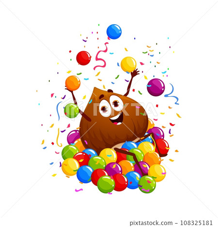Cartoon hazelnut nut character on holiday and birthday. Isolated vector happy snack personage celebrating party in a pool filled with colorful balls with excitement in playful, fun-filled atmosphere 108325181