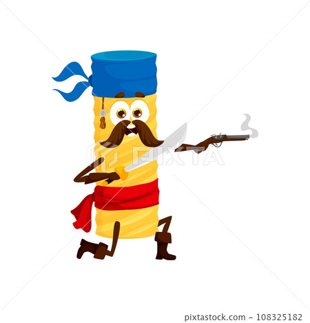 Cartoon italian pasta pirate or corsair character with sword and gun. Vector personage of traditional tortiglioni pasta pirate sailor with happy smiling face, bandana. Italy cuisine macaroni emoticon 108325182