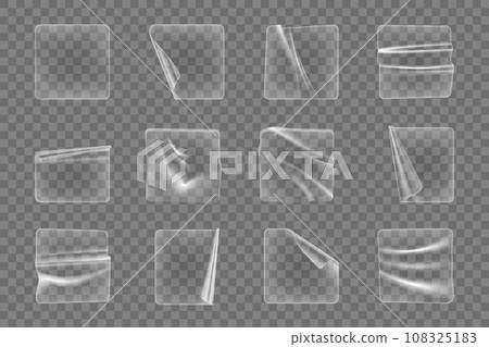 Transparent adhesive square plastic stickers and patches with crumpled texture, realistic vector. Adhesive patches and sticky film labels, transparent plastic foil stickers wrinkled or peeled up 108325183