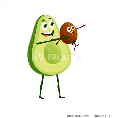 Cartoon avocado parent character with son kid, avocado family emoji, vector icon. Avocado father or mother holding avocado seed baby child in hands, happy smiling for food comic emoticon 108325184
