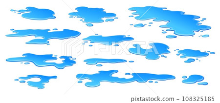 Cartoon rain water puddles, liquid water splashes and leakage, isolated vector icons. Blue water spill drops, puddles or color paint wet drips on floor surface with leak splatters and splashes Cartoon rain water puddles, liquid water splashes and leakage, isolated vector icons. Blue water spill drops, puddles or color paint wet drips on floor surface with leak splatters and splashes 108325185