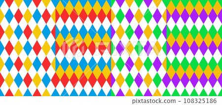 Circus harlequin patterns, rhombus lozenge pattern. Vector seamless backgrounds of carnival clown and joker diamonds ornament. Geometric shapes of blue, green, red, white and yellow rhombus backdrop Circus harlequin patterns, rhombus lozenge pattern. Vector seamless backgrounds of carnival clown and joker diamonds ornament. Geometric shapes of blue, green, red, white and yellow rhombus backdrop 108325186