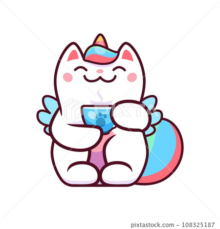 Cartoon kawaii caticorn, cat unicorn drinking tea or coffee from cup, vector pet character. Kids cute caticorn kitty holding hot drink cup in paws, funny cat unicorn for kawaii emoji emoticon Cartoon kawaii caticorn, cat unicorn drinking tea or coffee from cup, vector pet character. Kids cute caticorn kitty holding hot drink cup in paws, funny cat unicorn for kawaii emoji emoticon 108325187