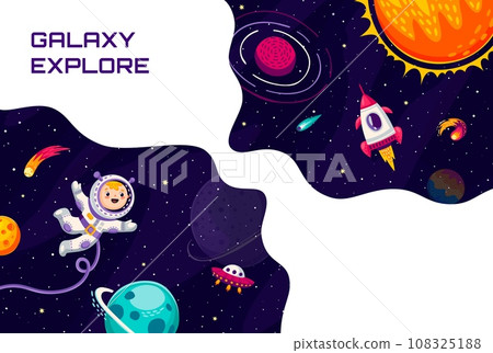 Space poster. Cartoon kid spaceman in outer space and solar system. Vector cartoon funny cosmonaut float in weightlessness at galaxy celestial world landscape with sun, planets, stars, and asteroids Space poster. Cartoon kid spaceman in outer space and solar system. Vector cartoon funny cosmonaut float in weightlessness at galaxy celestial world landscape with sun, planets, stars, and asteroids 108325188