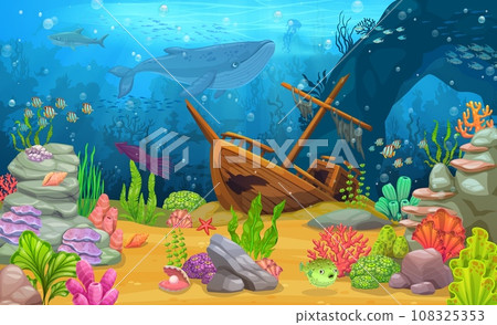 Cartoon sunken ship at tropical sea underwater landscape. Ocean life, marine bottom landscape, sea animal and plant or seabed deep wildlife vector background with sunken ship, whale and seaweed Cartoon sunken ship at tropical sea underwater landscape. Ocean life, marine bottom landscape, sea animal and plant or seabed deep wildlife vector background with sunken ship, whale and seaweed 108325353