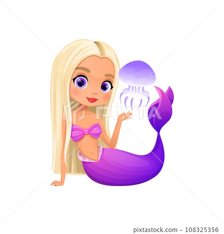 Cartoon mermaid character, cute girl fish or sea princess, isolated vector. Marine little happy mermaid with baby jellyfish, underwater fantasy and undersea cartoon mermaid with fish tail for kids 108325356