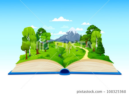 Cartoon opened book with green forest, meadow and mountains, vector nature landscape. Mountain rock and road path in summer forest valley on book pages for fairy tale story or game background 108325368