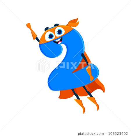 Cartoon math number two superhero character with rounded body, smile, and big eyes. Isolated vector educational playful and cheerful 2 sign defender personage for kids preschool education, game or fun Cartoon math number two superhero character with rounded body, smile, and big eyes. Isolated vector educational playful and cheerful 2 sign defender personage for kids preschool education, game or fun 108325402