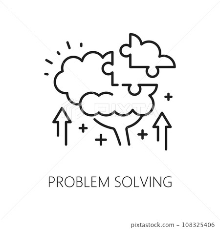 Problem solving, psychological disorder problem and mental health icon, vector outline. Psychology and human mind or emotional state line symbol of psychological and mental problems solving puzzle 108325406