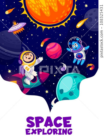 Cartoon space poster with alien and kid astronaut, space planets and spaceship, vector galaxy background. Space exploring adventure for kids, planetary and universe discovery poster with alien UFO 108325431